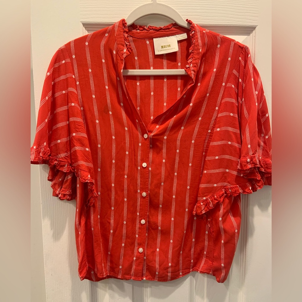 Anthropologie Maeve | Red Striped Ruffled Blouse I Size Small